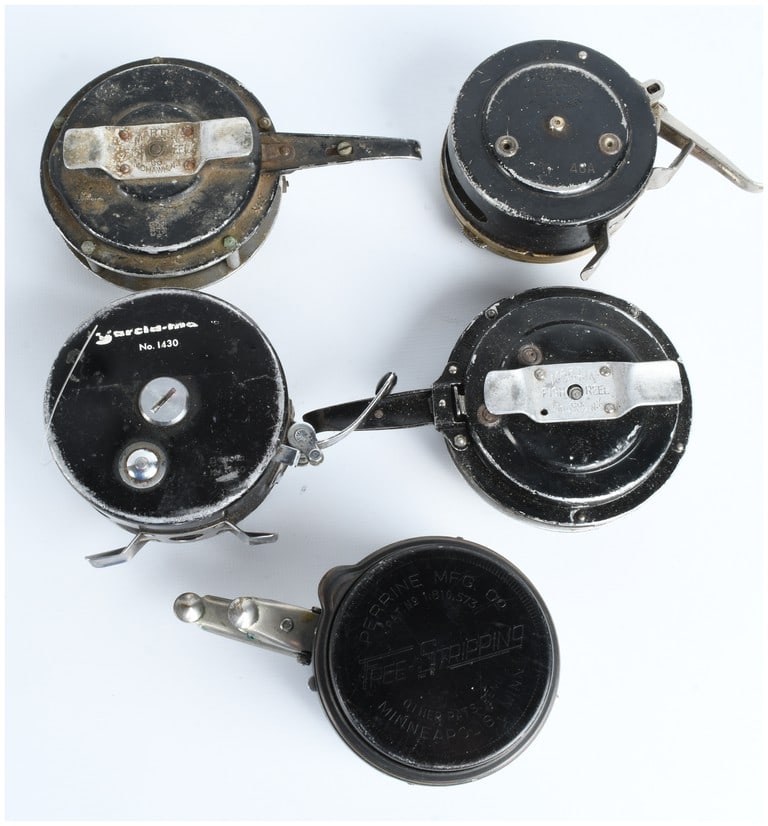 A Collection of 5 Vintage Automatic Fly Fishing Reels including Martin, Garcia, and Perrine (1 of 6)