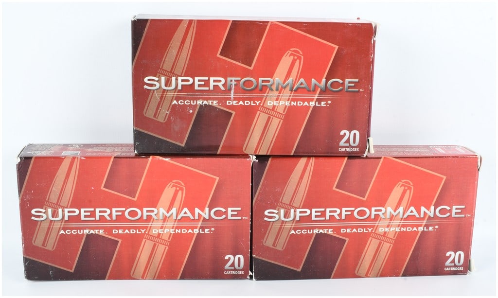 A Lot of 59 Rounds Hornady Superformance SST Centerfire Rifle Ammunition .30 T/C: This lot consists of a total quantity of 59 rounds of Hornady Superformance centerfire rifle ammunition chambered in .30 T/C. The collection includes one box of 165-grain SST (Super Shock Tip) bullets