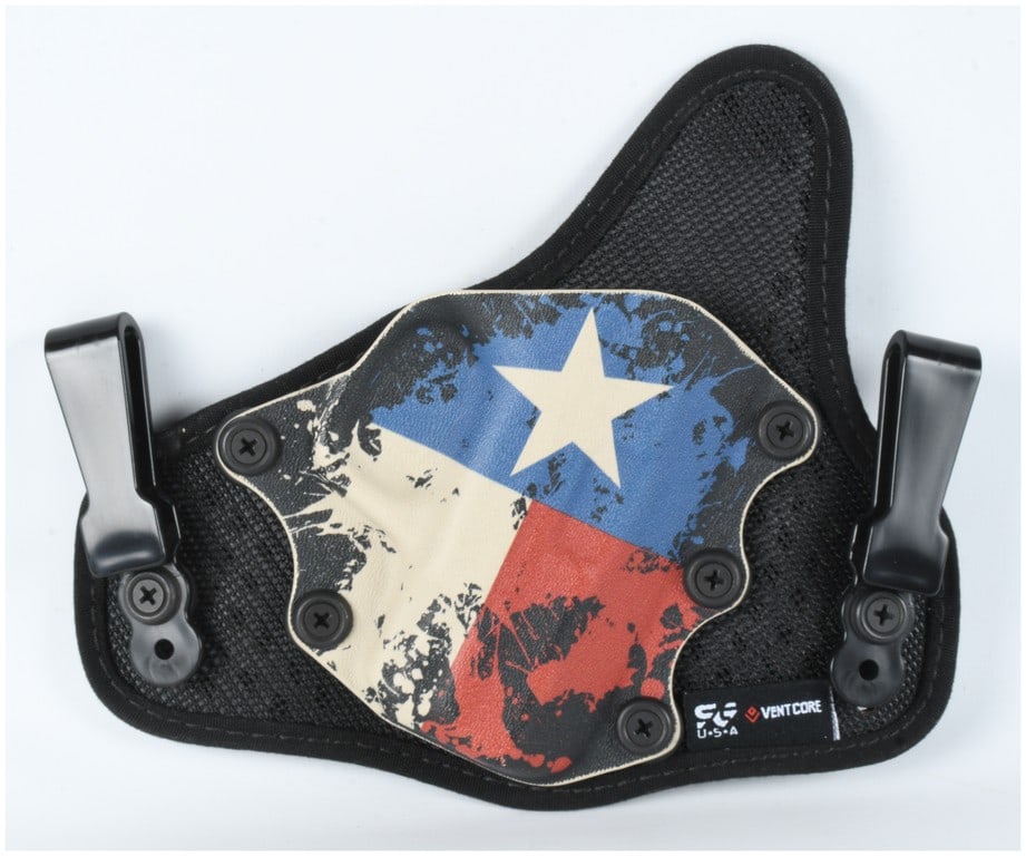StealthGearUSA VentCore Hybrid IWB Holster with Texas Flag Graphic: A StealthGearUSA VentCore hybrid inside-the-waistband (IWB) holster designed for a semi-automatic handgun. The item features a molded polymer shell decorated with a distressed-style Texas state flag g
