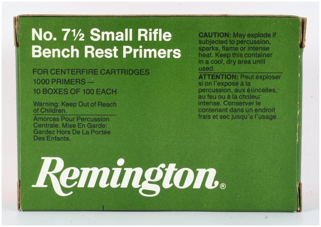 Remington No. 7 1/2 Small Rifle Bench Rest Primers 1000 Count: This lot consists of a 1000 Count brick of Remington No. 7 1/2 Small Rifle Bench Rest Primers intended for use in centerfire cartridges. The components are housed in their original green and orange ca