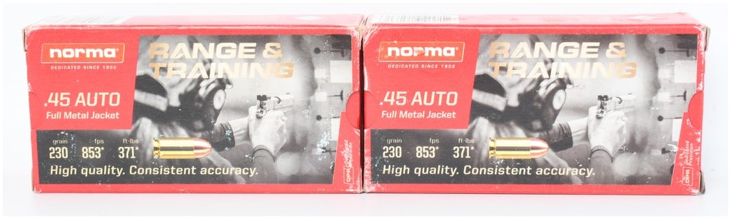 A Lot of 100 Rounds of Norma Range & Training .45 Auto Ammunition: This lot consists of 100 rounds of Norma Range & Training centerfire pistol ammunition chambered in .45 Auto. The cartridges are loaded with 230-grain Full Metal Jacket projectiles, intended for
