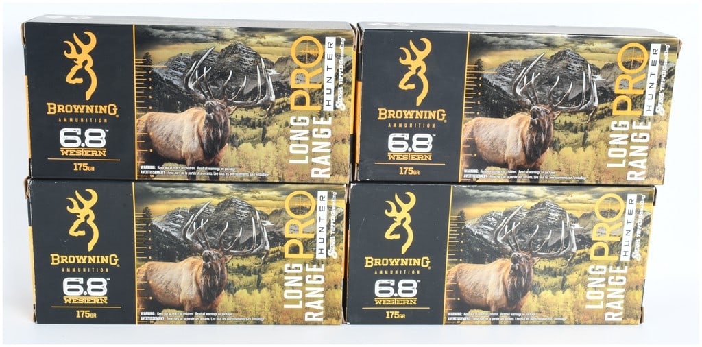 A Lot of 80 Rounds of Browning Long Range Pro Hunter Ammunition 6.8 Western: This lot consists of eighty rounds of Browning Long Range Pro Hunter ammunition chambered in 6.8 Western. Each round is loaded with a 175-grain Sierra Tipped GameKing bullet, featuring a copper