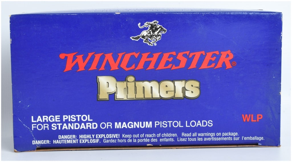 A Lot of 1000 Winchester WLP Large Pistol Primers: This lot consists of a 1000 count quantity of Winchester brand primers intended for reloading large pistol cartridges. These components are specifically designated for both standard and magnum pistol