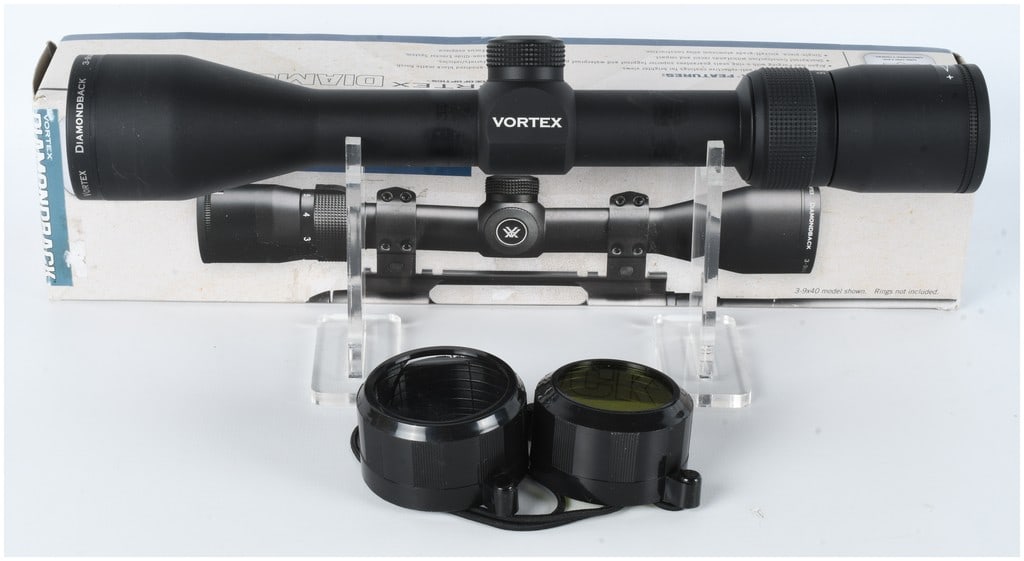 Vortex Diamondback 3-9x40mm Variable Power Rifle Scope: This Vortex Diamondback rifle scope features a variable magnification range from 3x to 9x with a 40mm objective lens, finished in a durable matte black. The optic is built on a one-inch main tube and
