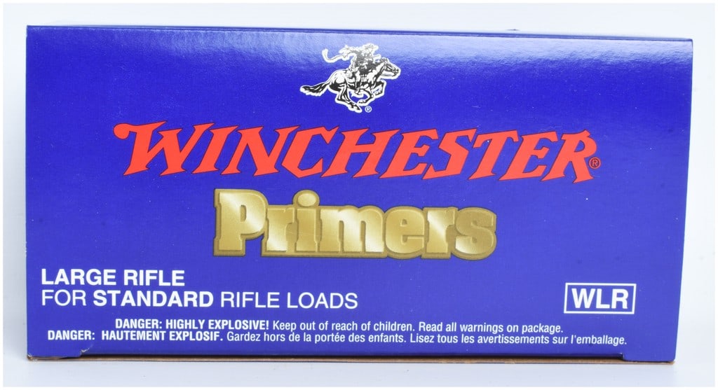 Winchester WLR Large Rifle Primers 1000 Count: This lot consists of a 1000 count box of Winchester Large Rifle Primers, model WLR, intended for use in standard rifle loads. The ammunition components are contained within a blue cardboard box featur