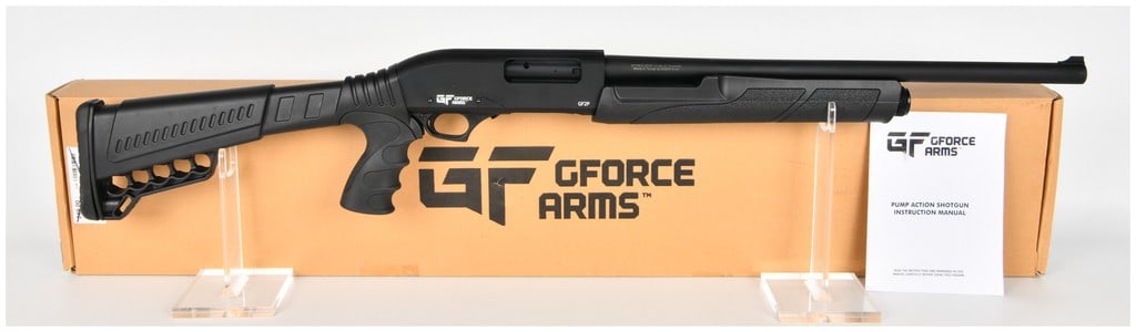 GForce Arms GF2P Pump Action Shotgun 12-Gauge with 19.5 Inch Barrel: This is a brand new GForce Arms model GF2P pump-action shotgun chambered for 12-gauge shells with a 3-inch chamber. The firearm is equipped with a 19.5-inch barrel and a fixed front blade sight. The m