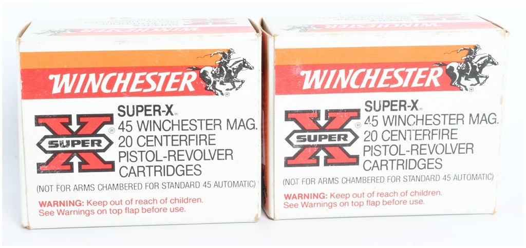 A Pair of Winchester Super-X Ammunition .45 Winchester Magnum: This lot consists of a pair of Winchester Super-X centerfire pistol-revolver ammunition boxes chambered in .45 Winchester Magnum. Each box is factory-labeled to contain 20 cartridges featuring