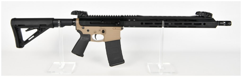 MAG Tactical Systems MG-G4 Semi-Automatic Rifle 5.56 NATO with 16 Inch Barrel: This semi-automatic rifle is built on a lightweight MAG Tactical Systems MG-G4 lower receiver and chambered in 5.56 NATO. The firearm features a two-tone aesthetic with a flat dark earth finished lowe