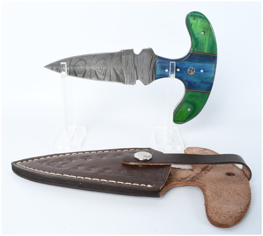 Damascus Steel Push Dagger with Laminated Wood Handle and Leather Sheath (1 of 6)