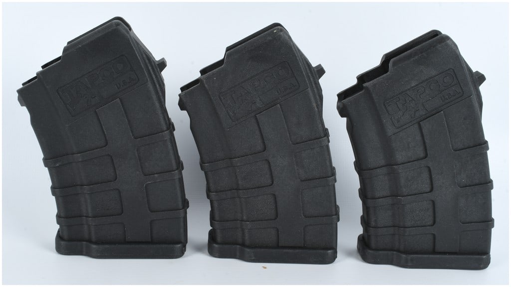 Trio of Tapco SKS Detachable Rifle Magazines 7.62x39mm: This lot consists of three detachable rifle magazines manufactured by Tapco, designed for use with 7.62x39mm caliber rifles, specifically SKS models modified to accept detachable magazines. The magazi