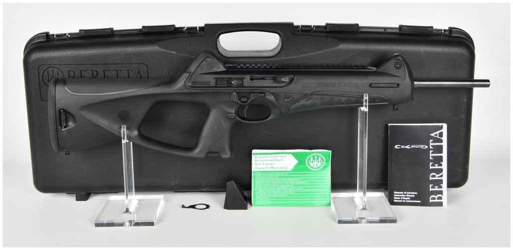 Beretta CX4 Storm Semi-Automatic Carbine 9mm Luger: This Beretta CX4 Storm is a semi-automatic carbine chambered in 9mm Luger (9x19mm) designed for tactical and sporting applications. The firearm features a matte black finish on the metal components an