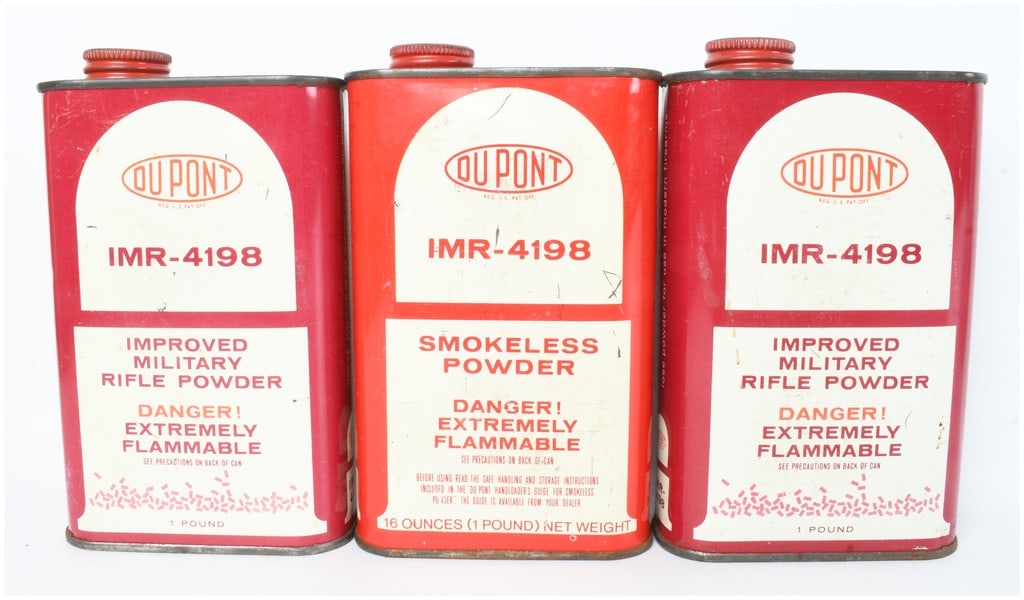 A Trio of DuPont IMR-4198 Smokeless Powder Tins: This lot features a trio of vintage one-pound metal tins of DuPont IMR-4198 smokeless powder, which contain a total of 2Lbs & 14 OZ Of Powder. The rectangular cans are finished in a red and white lith