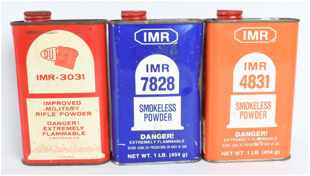 A Trio of Du Pont and IMR Smokeless Powder Cans Including IMR-3031 IMR 7828 and IMR 4831 (1 of 2)
