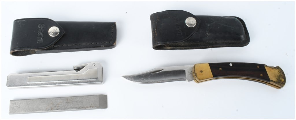 Two Buck Knives Model 110 Folding Hunter and Model 137 Honing Steel with Sheaths (1 of 4)