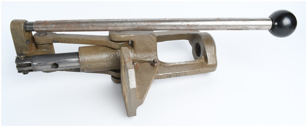 RCBS A2 Single Stage Reloading Press: This is a vintage RCBS A2 single-stage manual reloading press designed for precision ammunition assembly. The unit features a robust O-frame design constructed of heavy cast metal with a textured oliv