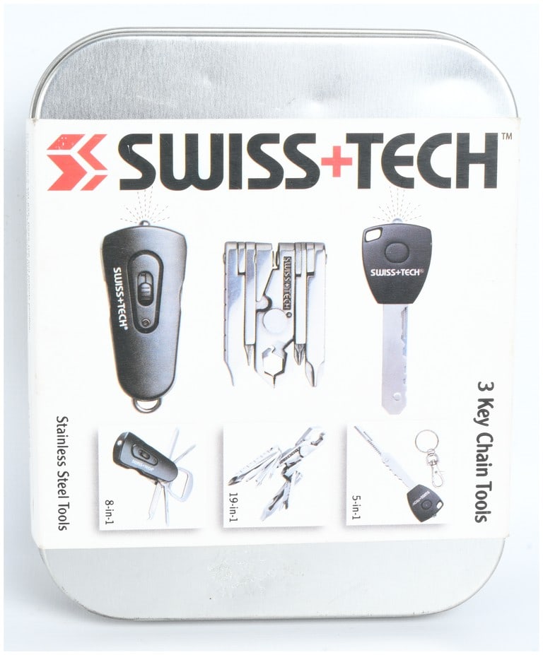Swiss+Tech 3-Piece Stainless Steel Key Chain Tool Set in Presentation Tin: This set consists of three specialized Swiss+Tech multi-tools designed for keychain carry, housed in their original presentation packaging. The collection includes the Utili-Key MX 5-in-1, the Micro-M