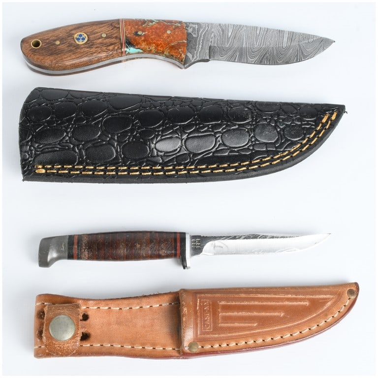 A Pair of Fixed Blade Hunting Knives Including a Case XX M3F SSP and a Custom Damascus Steel Knife (1 of 7)