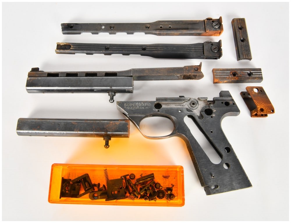 High Standard Supermatic Citation and The Victor Semi-Automatic Pistol Parts .22 LR for Parts/Repair: This lot consists of a collection of 8 major components and assorted small parts for High Standard .22 caliber semi-automatic target pistols, intended for use as a parts gun. The primary serialized co