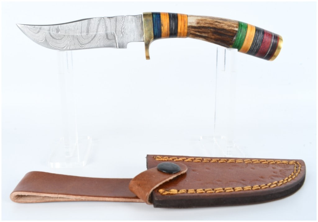 Damascus Steel Clip Point Hunting Knife with Stag and Multi-Colored Spacer Handle (1 of 6)