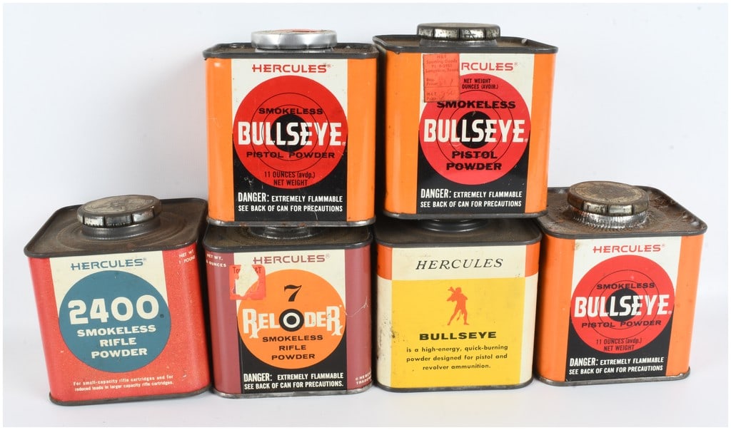 A Collection of 6 Hercules Smokeless Powder Tins 4 LBS Total: This lot consists of a collection of six vintage rectangular metal tins of Hercules smokeless powder, representing a combined weight of 4 LBS Total according to provided records. The group features fo