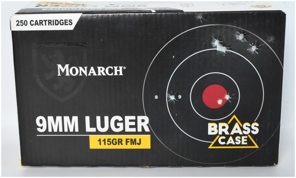 A Lot of 250 Monarch 115-Grain FMJ Centerfire Ammunition 9mm Luger: This lot features a total of 250 cartridges of Monarch brand 9mm Luger ammunition, The ammunition is configured with 115-grain Full Metal Jacket (FMJ) projectiles and reloadable brass casings. Designe