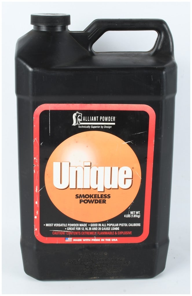 Alliant Powder Unique Smokeless Powder 3 Lbs: This lot consists of a single container of Alliant Powder Unique smokeless powder, a versatile propellant designed for use in a wide range of pistol calibers and shotgun gauges including 12, 16, 20, a