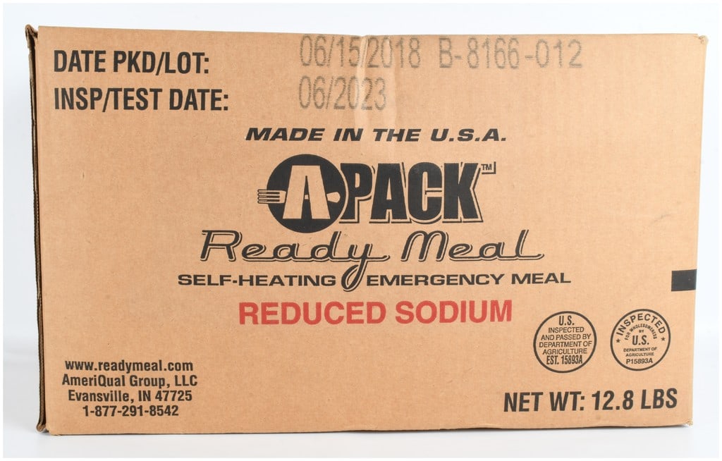 AmeriQual A-PACK Reduced Sodium Self-Heating Emergency Ready Meal Case of 12: This case of A-PACK Ready Meal self-heating emergency meals was manufactured by AmeriQual Group, LLC of Evansville, Indiana. The lot consists of 12 individual meals in six different varieties, specifi
