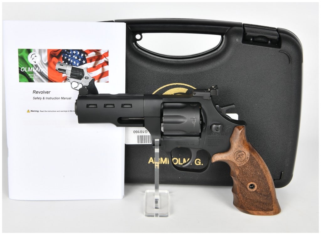 Armi Olmi G. 963MF Defense Double Action Revolver .357 Magnum with 4 Inch Barrel: This Armi Olmi G. 963MF Defense is a double-action revolver chambered in .357 Magnum designed for target and defensive use. The firearm features a 4-inch barrel with a matte black finish and a six-sho