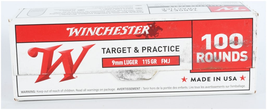Winchester USA White Box Target & Practice Ammunition 9mm Luger 100 Rounds: This lot consists of a quantity of 100 rounds of Winchester brand Target & Practice ammunition chambered in 9mm Luger. The ammunition is configured with 115-grain full metal jacket (FMJ) projectiles a
