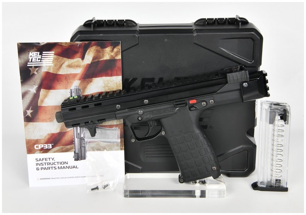 Kel-Tec CP33 Semi-Automatic Pistol .22 LR with 5.5 Inch Barrel: This Kel-Tec CP33 is a semi-automatic pistol chambered in .22 LR designed for high-capacity rimfire target shooting and competition. The firearm features a 5.5-inch threaded barrel fitted with a knurl