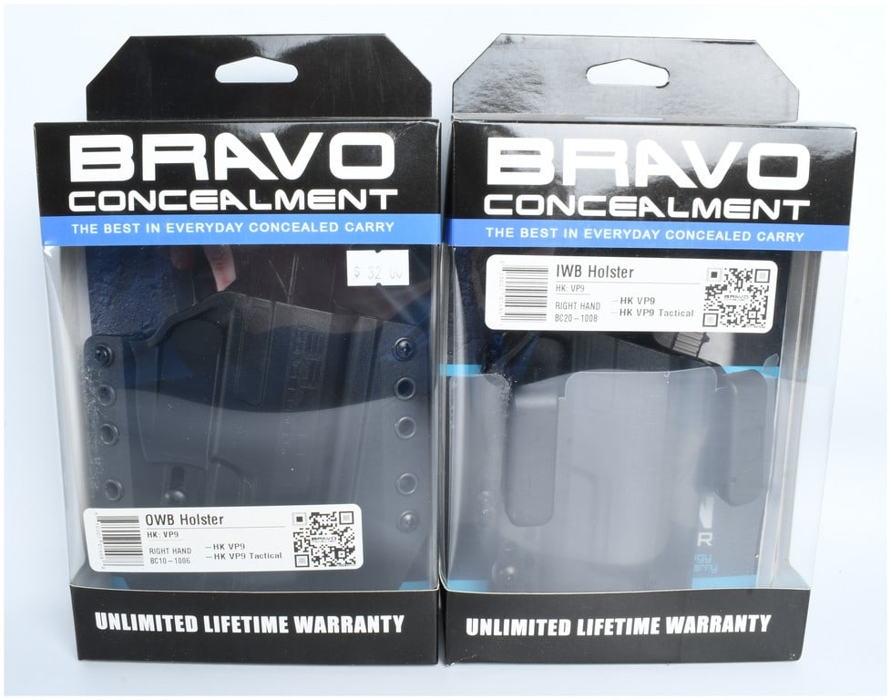 A Pair of Bravo Concealment Holsters for Heckler and Koch VP9 and VP9 Tactical Pistols: This lot consists of a pair of Bravo Concealment polymer holsters designed for right-handed use with the Heckler and Koch VP9 and VP9 Tactical series of pistols. The collection includes one outside-th