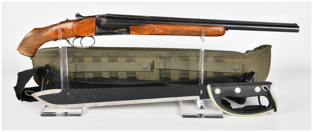 Zabala Hermanos Side-by-Side Break-Action Shotgun 20-Gauge: This lot features a side-by-side break-action shotgun manufactured by Zabala Hermanos in Eibar, Spain, for Eagle Arms of New York. Chambered for 20-gauge 3-inch magnum shells, the firearm is equipped