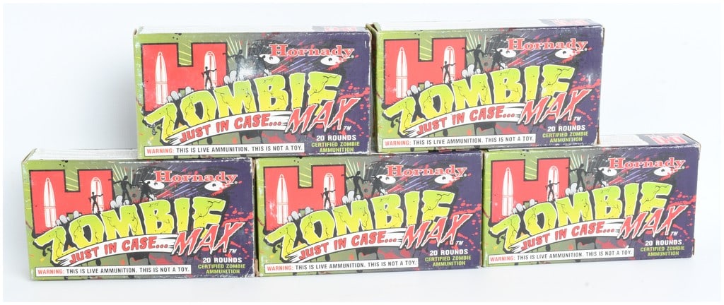 A Lot of 100 Rounds of Hornady Zombie Max Ammunition .223 Remington: This lot consists of 100 rounds of Hornady Zombie Max .223 Remington centerfire rifle ammunition, distributed across five original 20-round boxes. Each cartridge is loaded with a 55-grain Z-MAX bullet