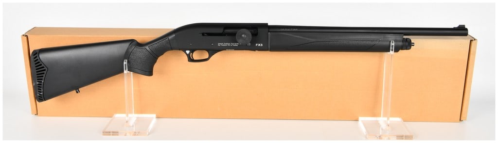 Berika Arms FX3 Gas Operated Semi Automatic Shotgun 20 Gauge with 18.5 Inch Barrel: A Berika Arms FX3 gas-operated semi-automatic shotgun chambered for 20-gauge 3-inch shells. This firearm features an 18.5-inch barrel with a fixed full choke and a matte black finish on the barrel and