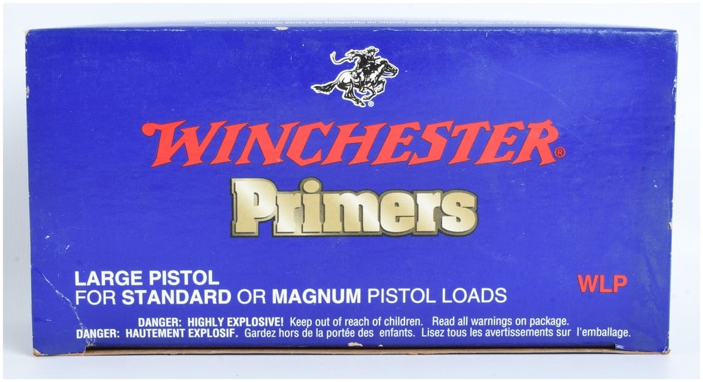 Winchester WLP Large Pistol Primers 1000 Count: This lot consists of a bulk quantity of Winchester Large Pistol Primers, designated by part number WLP and engineered for use in both standard and magnum pistol loads. The primers are housed in their