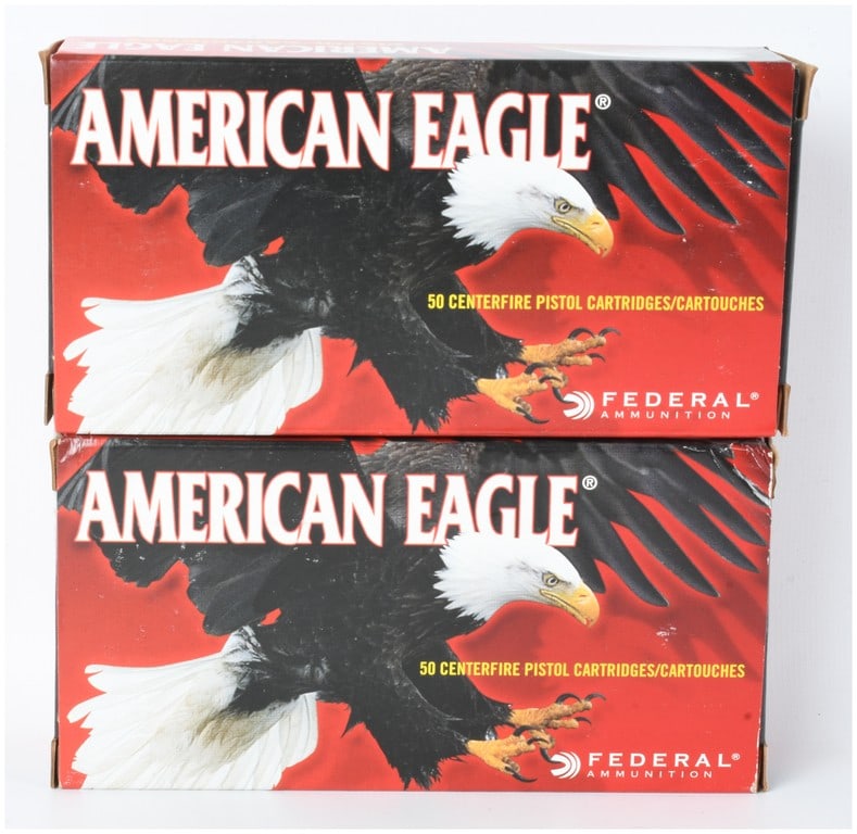 A Lot of 100 Rounds of Federal American Eagle Ammunition .40 S&W: This lot consists of 100 rounds of Federal American Eagle centerfire pistol ammunition chambered in .40 S&W. The cartridges are configured with 180-grain full metal jacket bullets and brass casings, i
