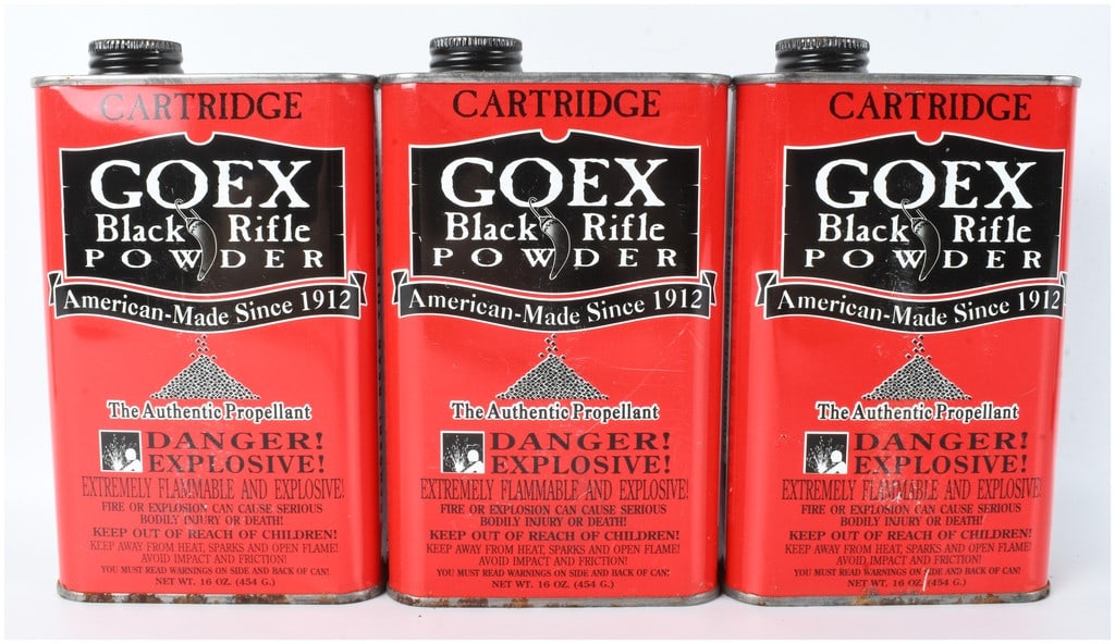 A Trio of GOEX Cartridge Grade Black Rifle Powder 3 LBS Total: This lot consists of a trio of 16 oz. (1 lb) metal cans of GOEX black rifle powder, specifically the Cartridge grade, providing 3 LBS Total of propellant. These rectangular cans are designed for use i