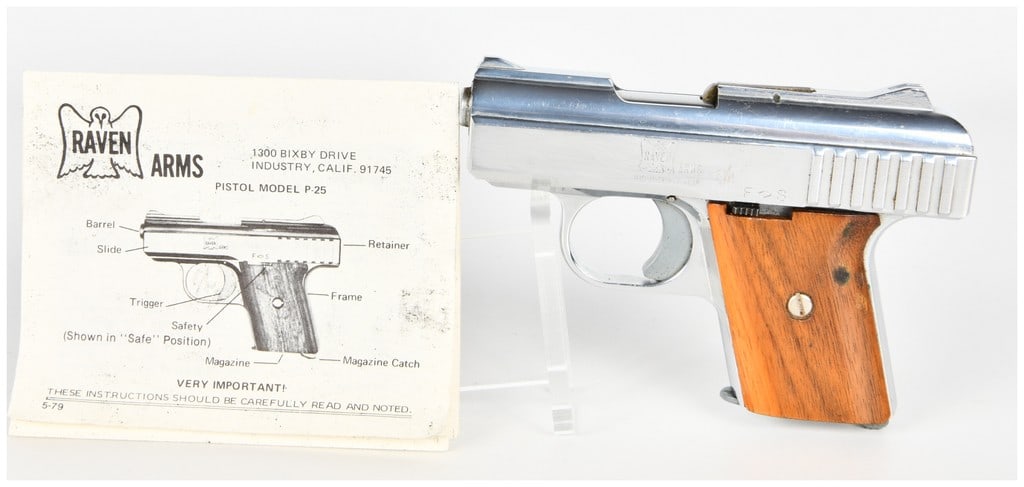 Raven Arms Model P-25 Semi-Automatic Pistol .25 Auto: This Raven Arms Model P-25 is a semi-automatic pocket pistol chambered in .25 Auto. The firearm features a polished chrome finish and is fitted with smooth wood grip panels. The design includes a fixe