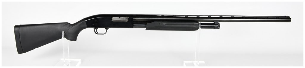 Maverick by Mossberg Model 88 Pump-Action Shotgun 12-Gauge with 28 Inch Barrel: This is a Maverick by Mossberg Model 88 pump-action shotgun chambered for 12-gauge shells. The firearm is configured for all-purpose field use, featuring a 28-inch ventilated rib barrel capable of acc