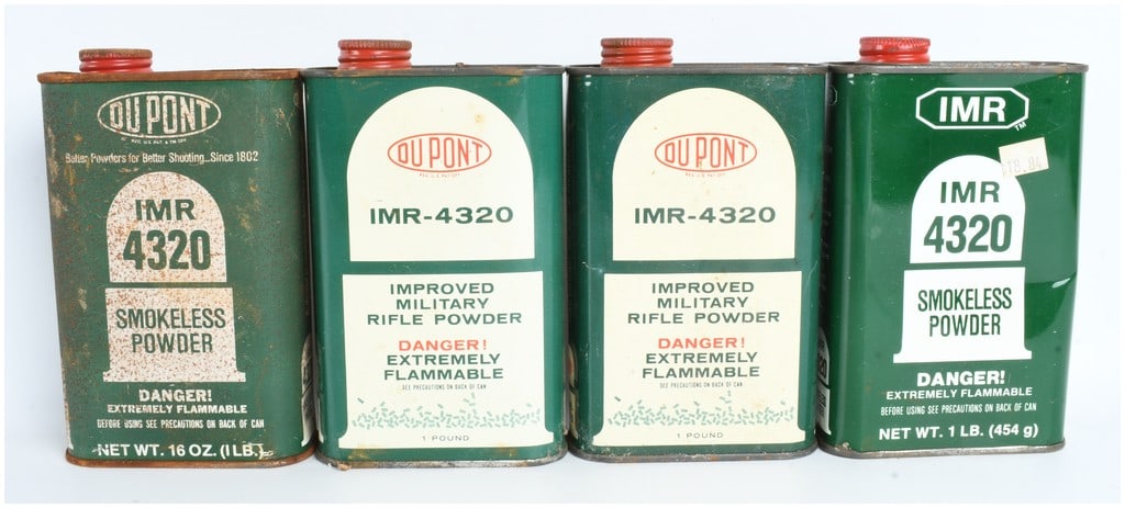 A Lot of 4 DuPont and IMR 4320 Smokeless Rifle Powder Cans Containing 3 Lbs Of Powder (1 of 2)