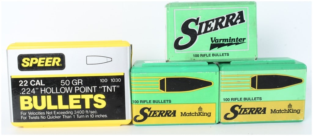 A Lot of 4 Boxes of Speer and Sierra .22 Caliber (.224) Reloading Bullets: This lot consists of a collection of four boxes of rifle projectiles intended for handloading, all in .22 caliber with a .224 inch diameter. The group includes one yellow and silver plastic box of Spe