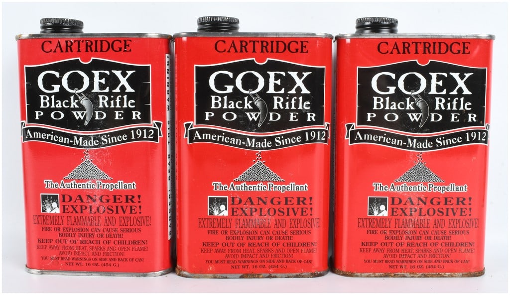 A Trio of GOEX Cartridge Grade Black Rifle Powder 1 Lb Canisters 3 LBS Total: This lot consists of three 16 oz. (1 lb.) metal canisters of GOEX brand Cartridge grade black rifle powder, totaling 3 LBS total of propellant. These canisters are specifically labeled for use in blac
