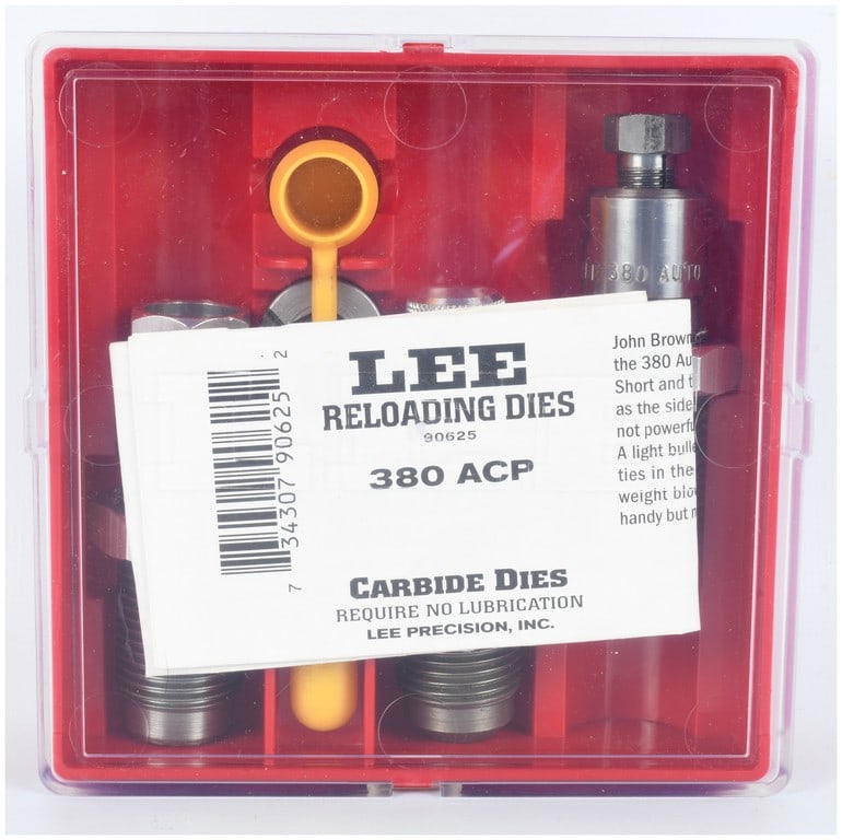 A Group of Five Lee Precision Model 90625 Carbide Three-Die Reloading Components .380 ACP: This Lee Precision, Inc. carbide three-die reloading set is chambered for .380 ACP and consists of a group of five components housed in a red plastic storage case with a clear lid. The set includes th
