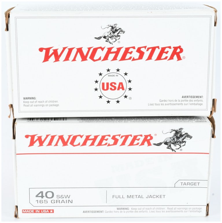 Winchester Target/Range Ammunition .40 S&W 177 Rounds: This lot consists of a total quantity of 177 rounds of Winchester Target/Range ammunition chambered in .40 S&W. The cartridges are loaded with 165-grain full metal jacket bullets and utilize reloadabl
