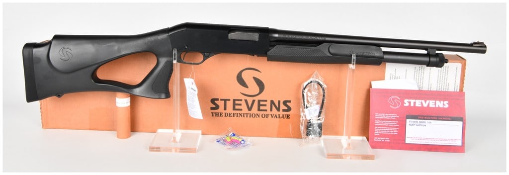 Stevens Model 320 Pump Action Shotgun 20 Gauge with 18.5 Inch Barrel: This Stevens Model 320 pump action shotgun is chambered in 20 gauge and features an 18.5 inch barrel capable of firing both 2 3/4 inch and 3 inch shells. The firearm is presented in brand new conditio