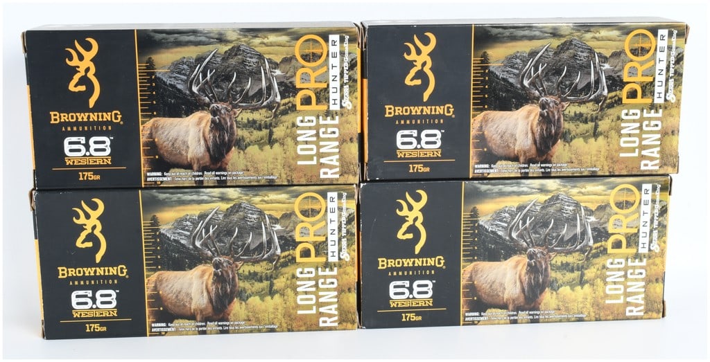 A Lot of 4 Boxes of Browning Long Range Pro Hunter Ammunition 6.8 Western: This lot features four boxes of Browning Long Range Pro Hunter centerfire rifle ammunition chambered in 6.8 Western. The cartridges are loaded with 175-grain Sierra Tipped GameKing bullets, which util