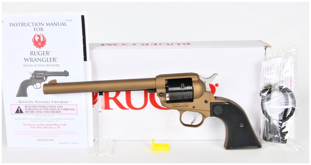 Ruger Wrangler Single Action Revolver .22 LR with 7.5 Inch Barrel: This Ruger Wrangler is a single-action rimfire revolver chambered in .22 LR, featuring a 7.5-inch cold hammer-forged barrel. The firearm is finished with a Burnt Bronze Cerakote on the frame and barre