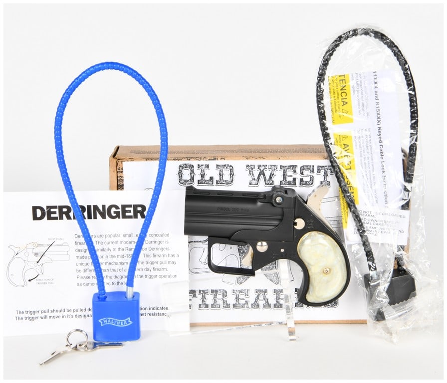 Old West Firearms Short Bore Guardian Single Action Over-Under Derringer Pistol 9mm with 3 Inch: This Old West Firearms Short Bore Guardian (SBG) is a single-action, over-under double-barrel derringer chambered in 9mm. The pistol features a matte black finish on the barrels and frame, complemente