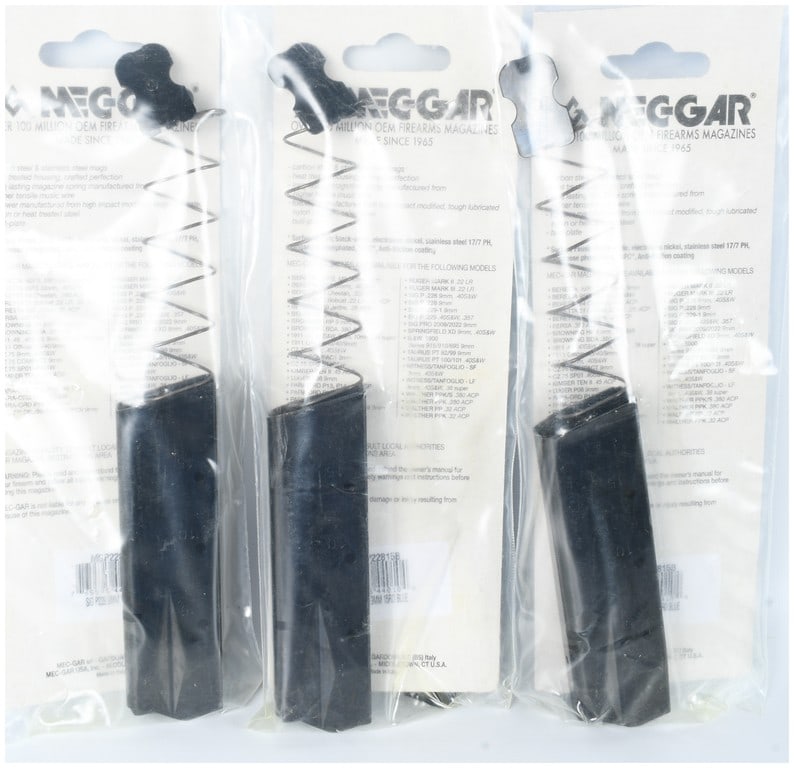 Three Mec-Gar Sig Sauer P.228 9mm 15-Round Magazines: This lot consists of three semi-automatic pistol magazines manufactured by Mec-Gar for the Sig Sauer P.228. Each magazine is chambered in 9mm caliber with a 15-round capacity and features a blued stee