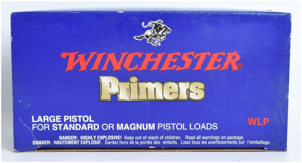 Winchester WLP Large Pistol Primers 1000 Count: This lot consists of a 1000 count quantity of Winchester Large Pistol (WLP) primers designed for use in both standard and magnum pistol reloading applications. These centerfire primers are presented i